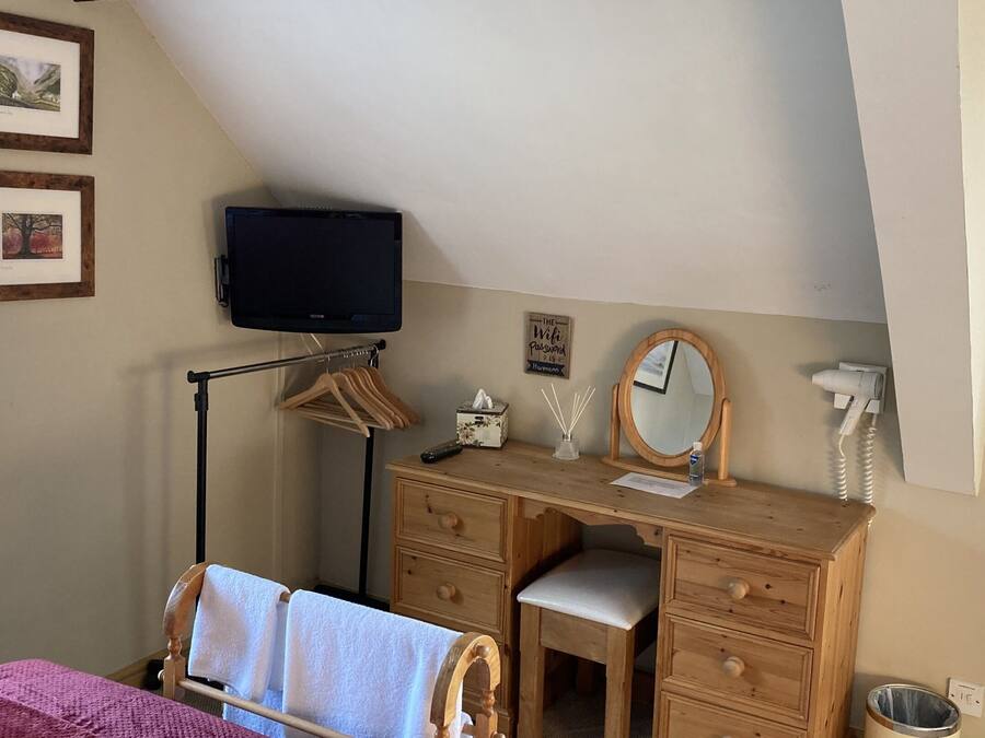 Un dormitorio con un escritorio de madera, una silla, una cama, un televisor, un espejo y un radiador.