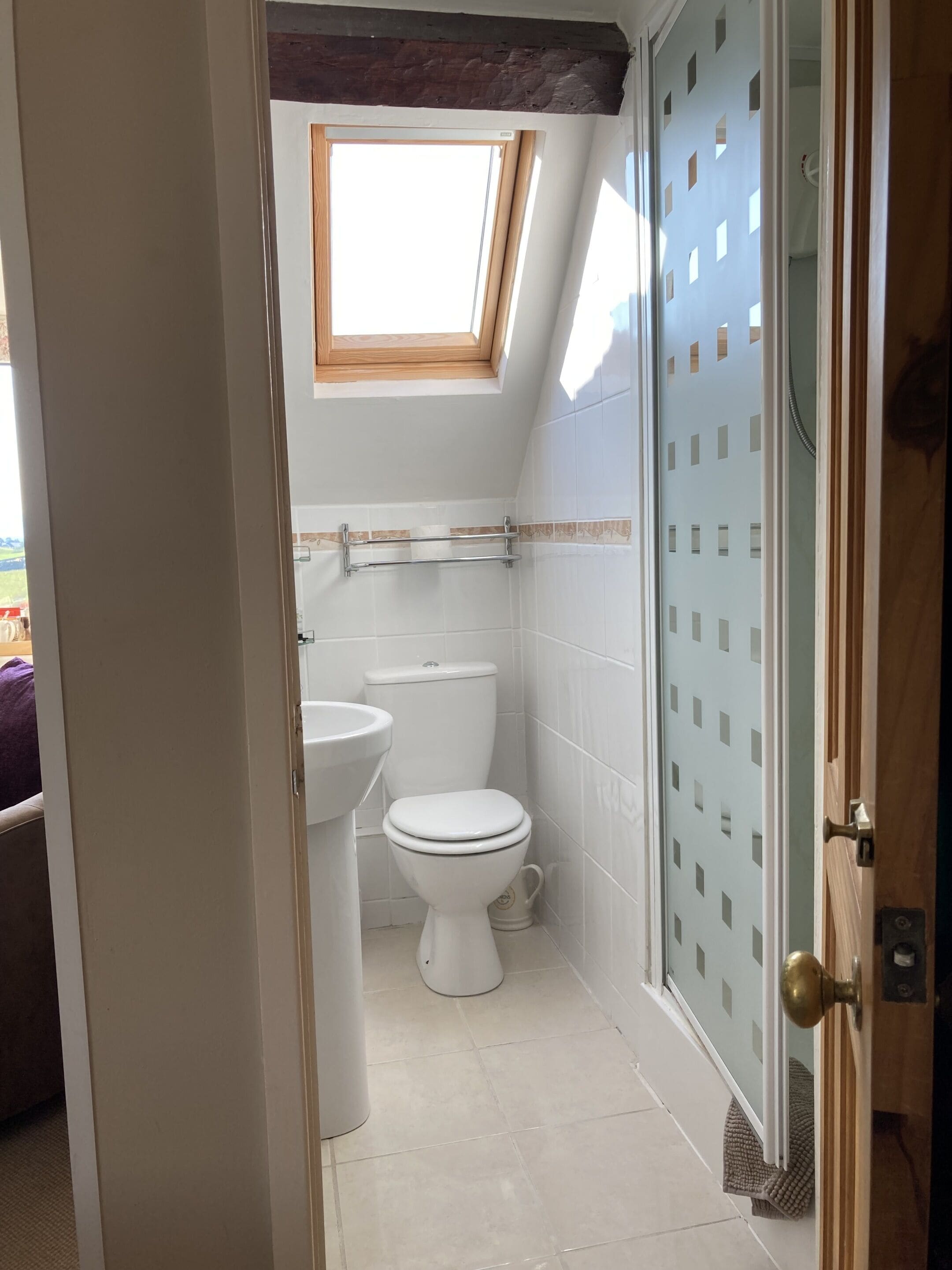 Ein kleines, sauberes Badezimmer mit Oberlicht, Toilette und Waschbecken.