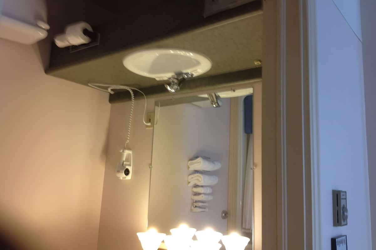 Combined shower/tub, free toiletries, hair dryer
