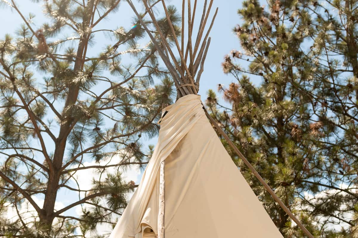 A tipi with a conical shape and a wooden framework, surrounded by pine trees.