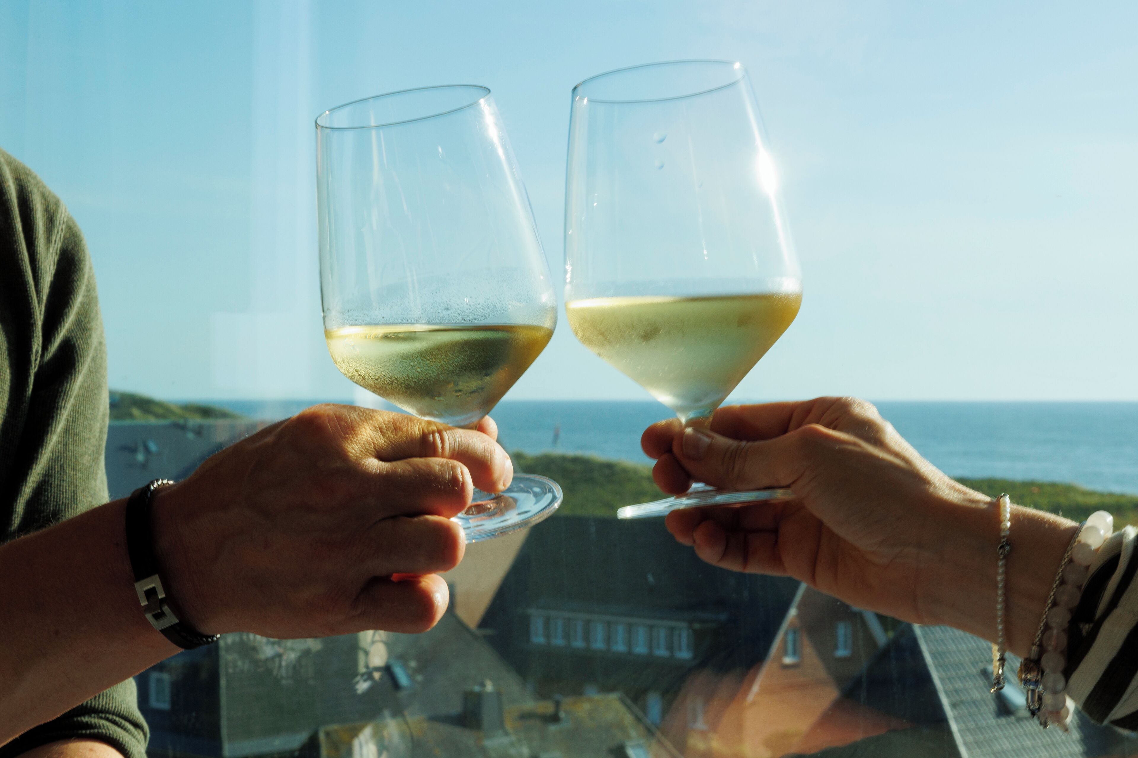 Two hands holding wine glasses with a coastal view in the background.