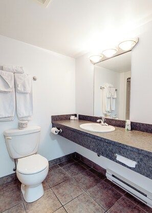 A bathroom with a toilet, sink, and mirror. - Mon Joli Motel (Sainte-Flavie)