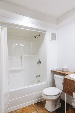 Bañera con ducha, artículos de tocador gratuitos, secador de pelo