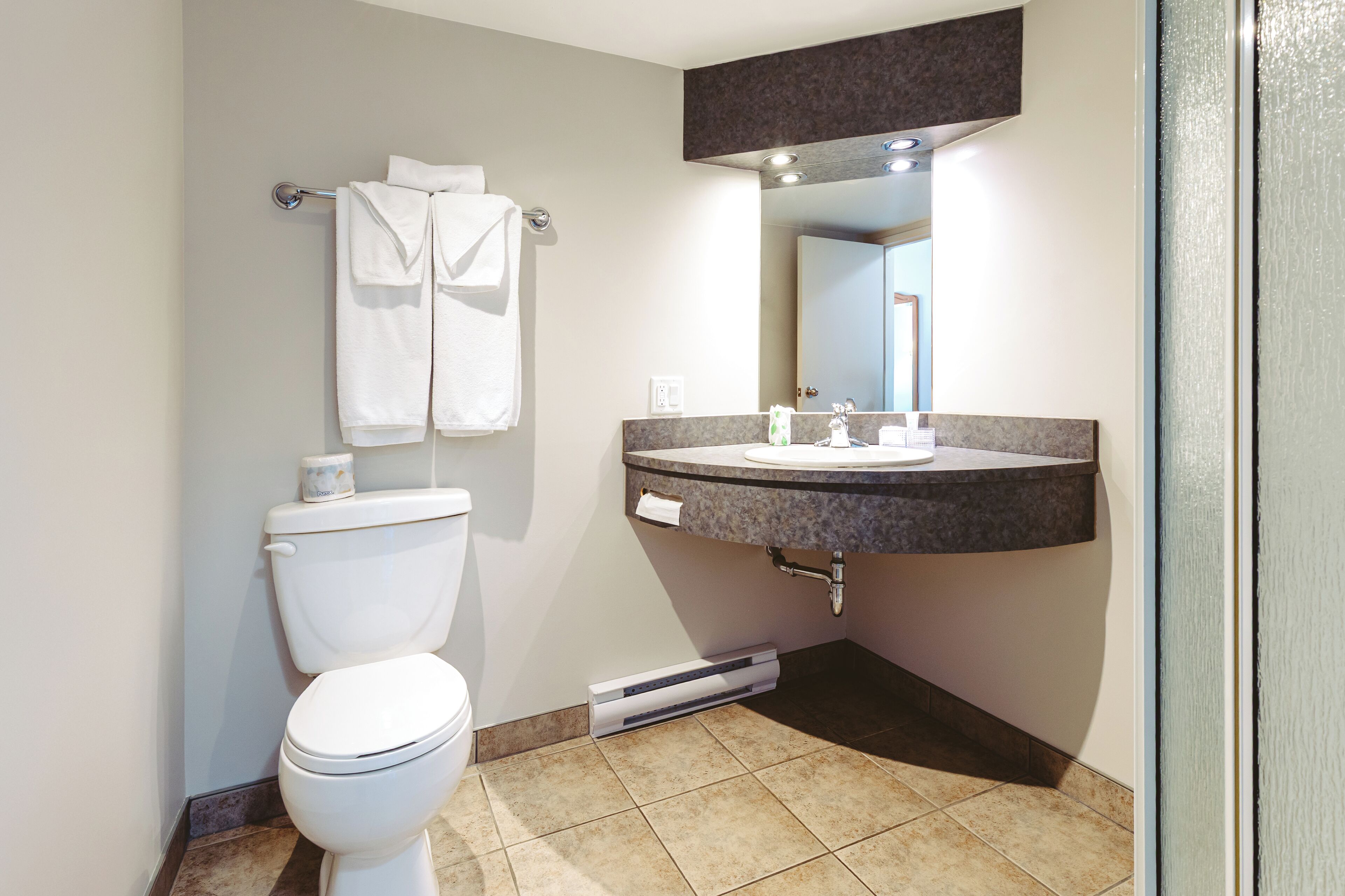 A modern bathroom with a toilet, a sink with a mirror above it, and a towel rack with two towels.