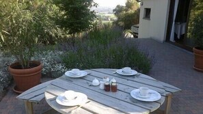 A wooden table set outdoors with plates, cups, and a hat, surrounded by potted plants and a view of a building. - Vertes Feuilles (Frasnes-Lez-Anvaing)