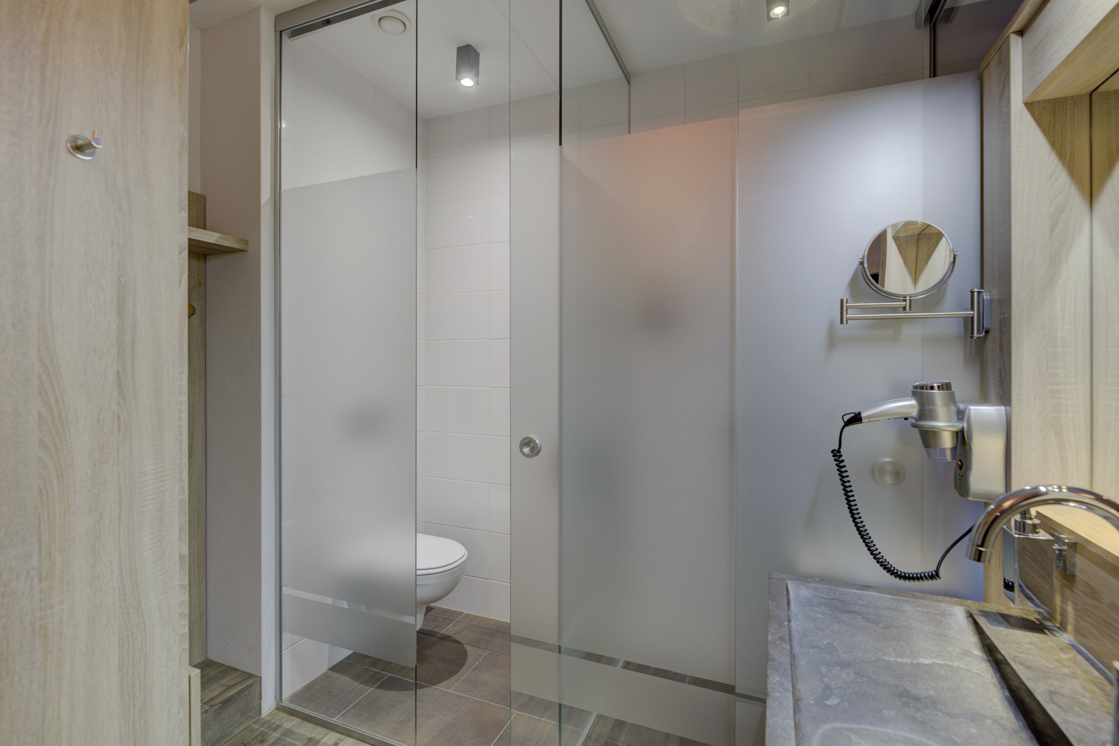 A modern bathroom with a glass-enclosed shower, a toilet, and a vanity with a mirror.