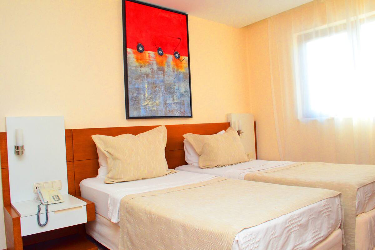 Habitación de hotel con dos camas, teléfono junto a la cama, un cuadro en la pared y una ventana con cortinas.
