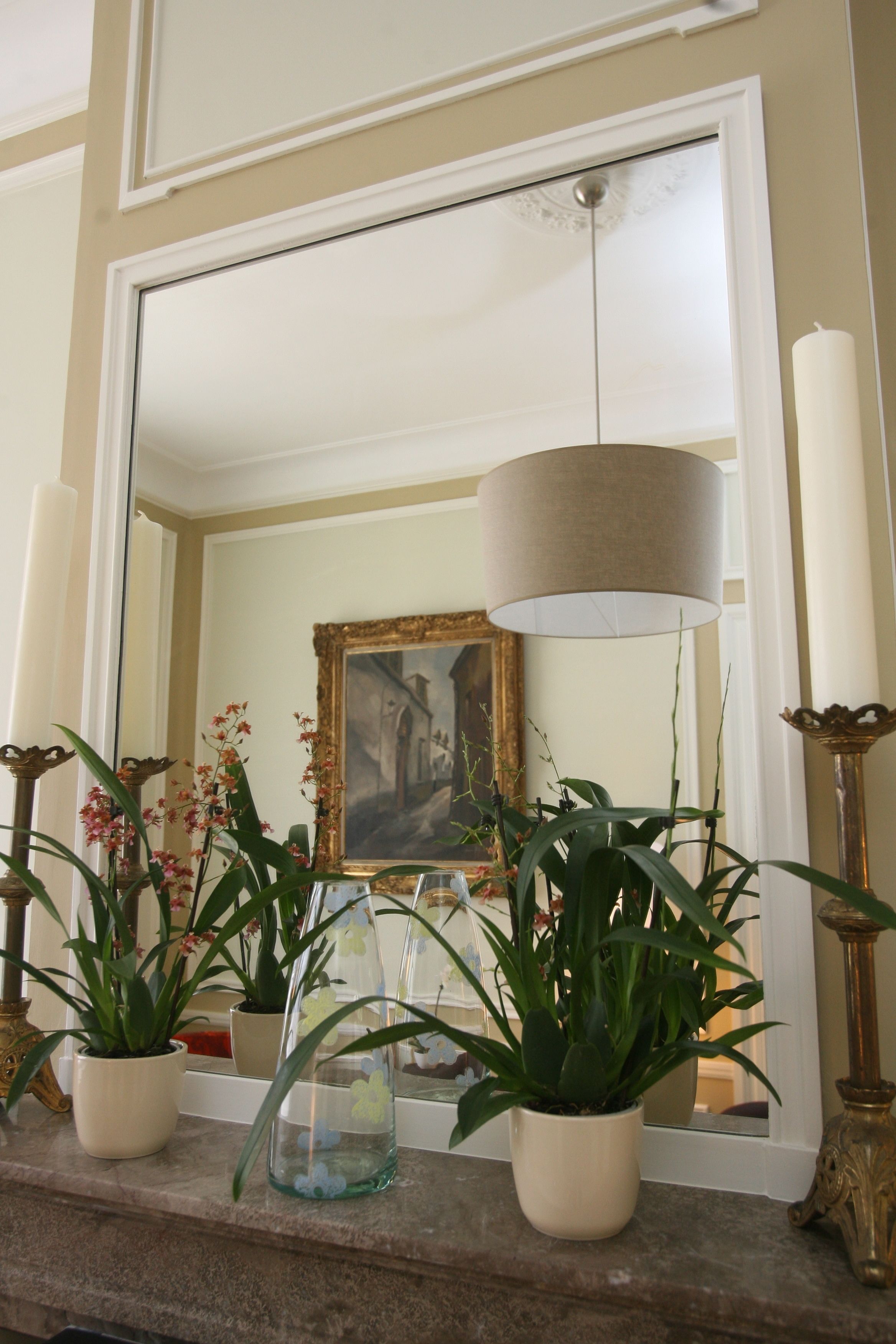 Una habitación con un espejo que refleja un cuadro, plantas en macetas y una lámpara colgante.