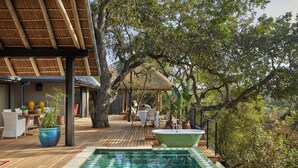 A pool with a geometric tile pattern, a wooden deck, a thatched-roof structure, and surrounding greenery. - Royal Malewane (Hoedspruit)