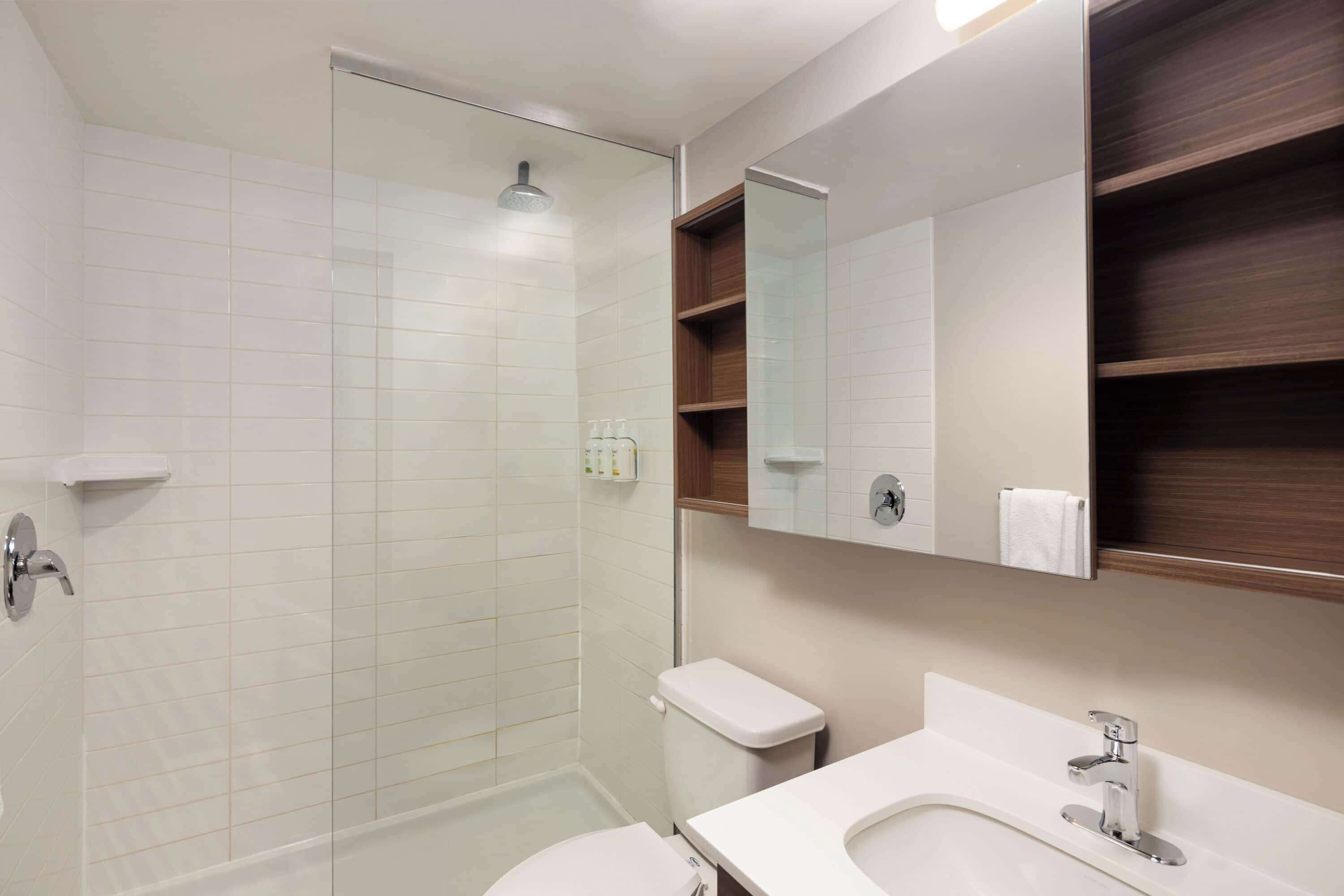 shower, rainfall showerhead, free toiletries, hair dryer