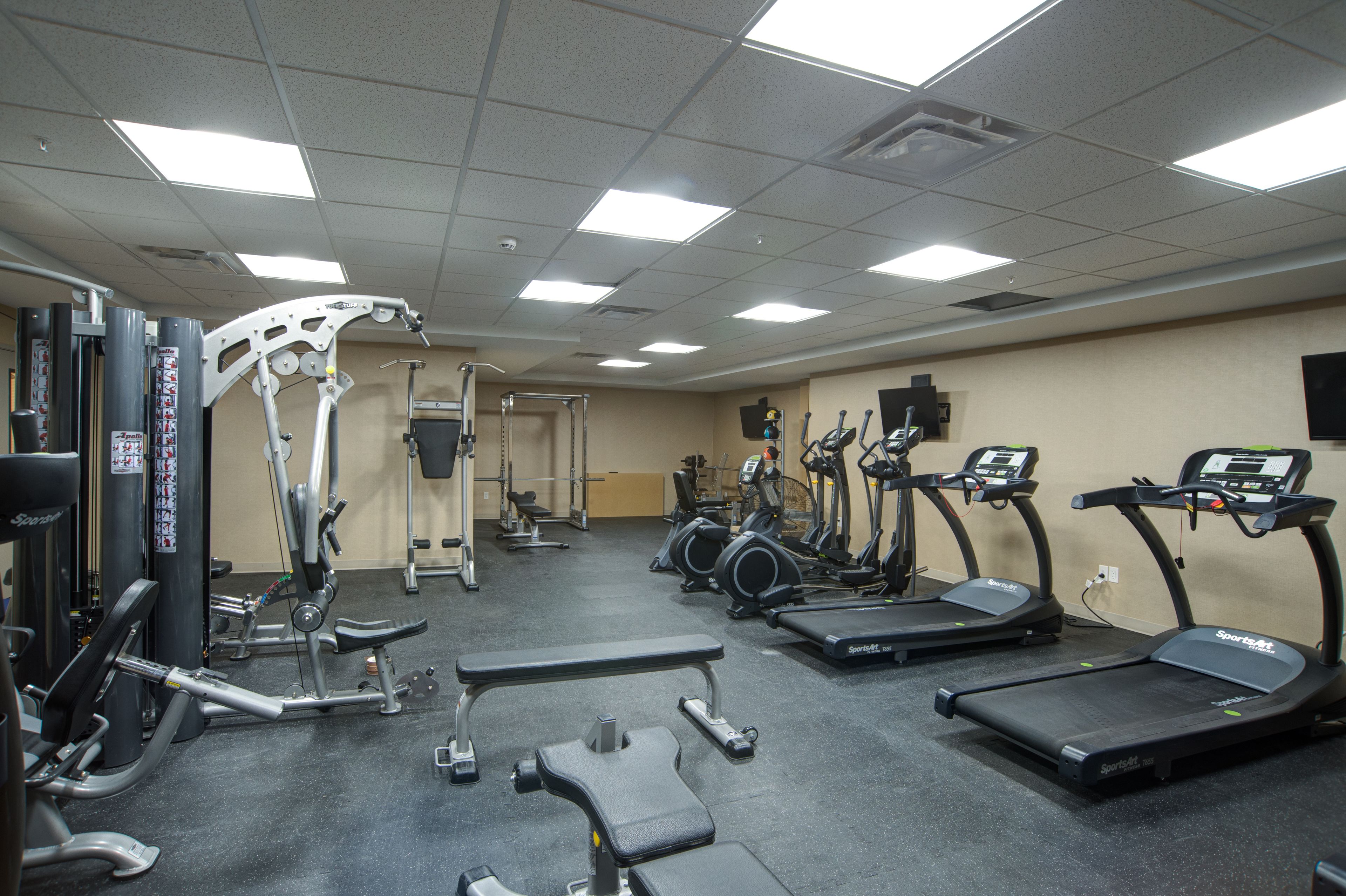 Un gimnasio con diversos equipos de ejercicio, incluyendo cintas de correr, elípticas y máquinas de pesas.