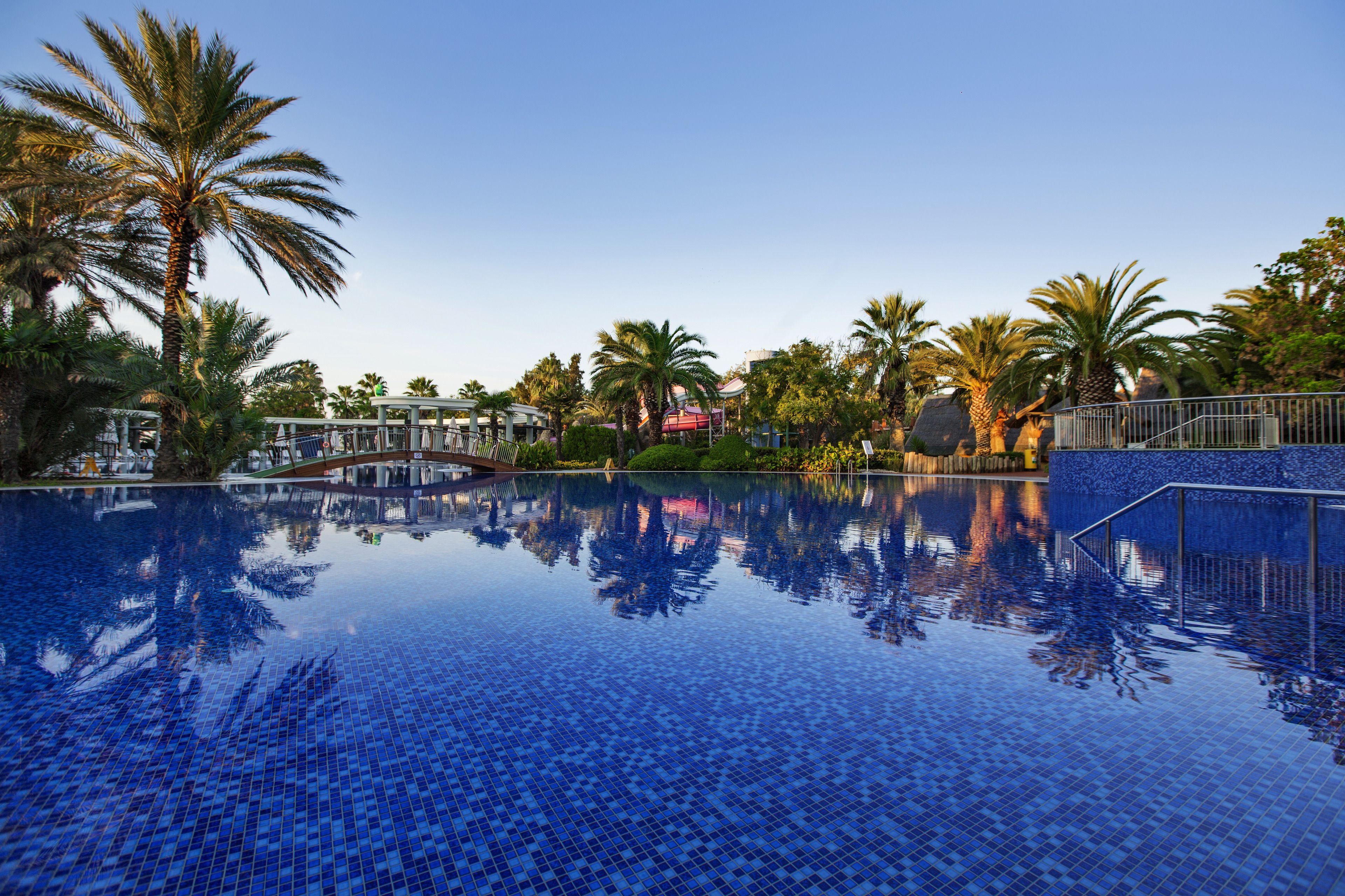 A clear blue infinity pool with palm trees and a covered bridge.