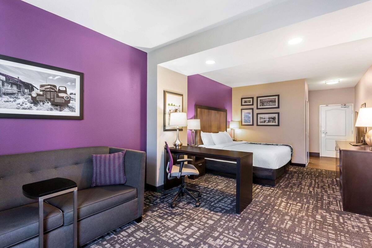 A hotel room with a bed, a desk, a chair, a sofa, and a framed picture on the wall.