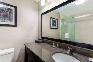 A bathroom with a large mirror, a sink, a toilet, and a framed picture on the wall.