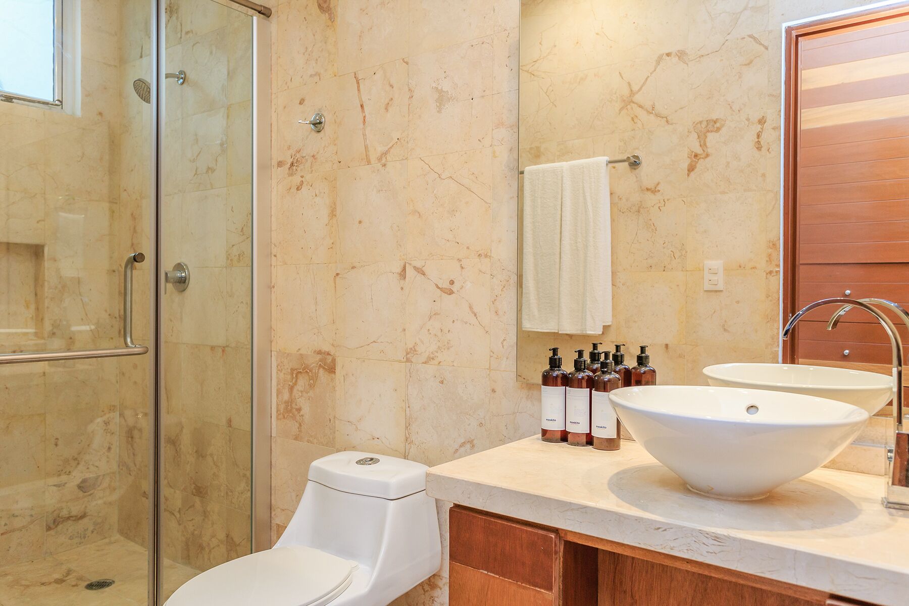 A bathroom with a glass shower enclosure, a toilet, a sink with a large bowl, and a mirror above the sink.