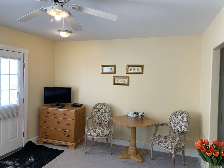 A room with a ceiling fan, a TV on a wooden dresser, two chairs with floral upholstery, a small round table, and a vase of tulips.