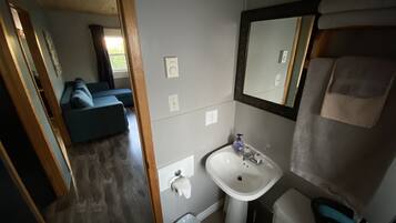 A compact bathroom with a sink, mirror, and toilet. A small trash bin is visible.