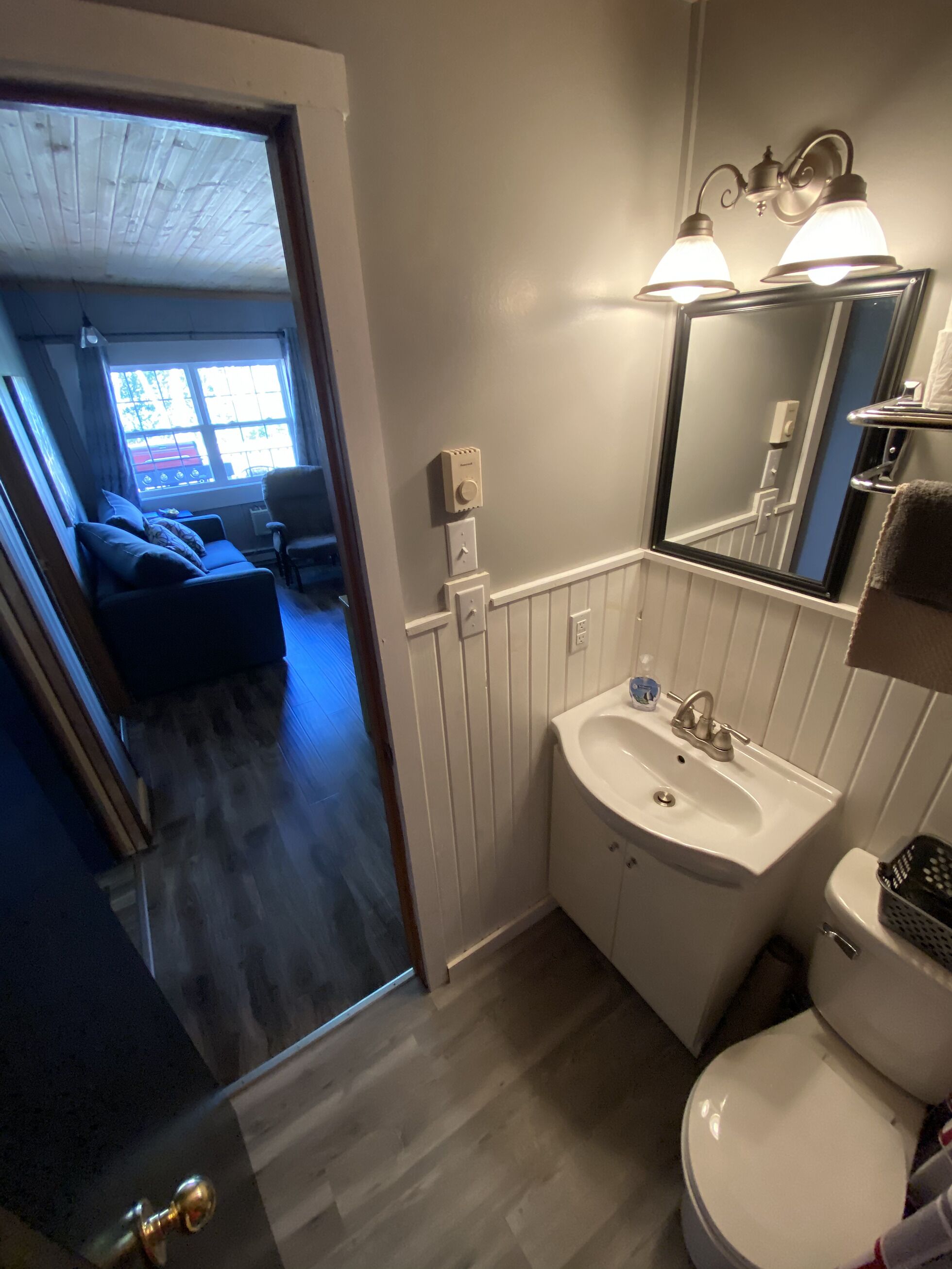 A bathroom with a sink, toilet, and mirror. There is a window with a view of the outside.