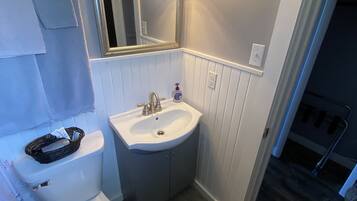 A bathroom with a toilet, sink, and mirror.