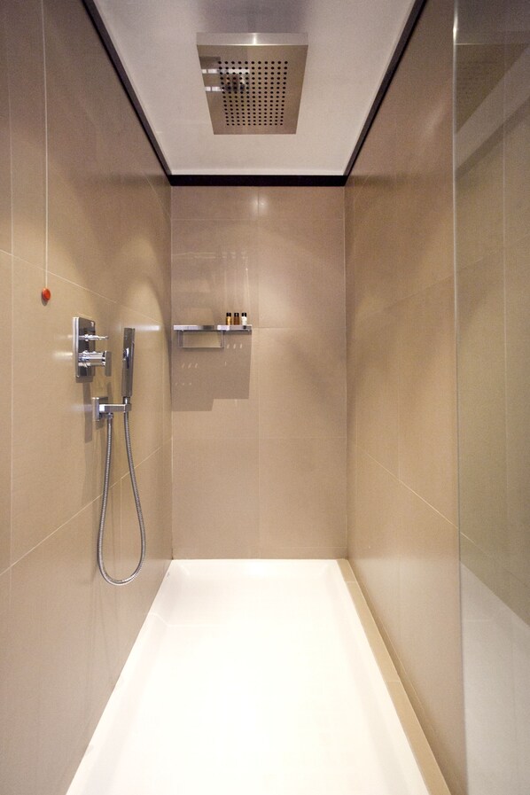 A modern shower with a handheld showerhead and a wall-mounted control panel. - Les Fleurs Luxury House (Rome)