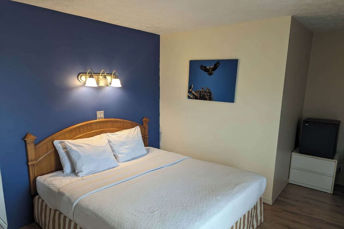 A neatly made bed with a wooden headboard, a wall-mounted light fixture, and a framed picture of an eagle.