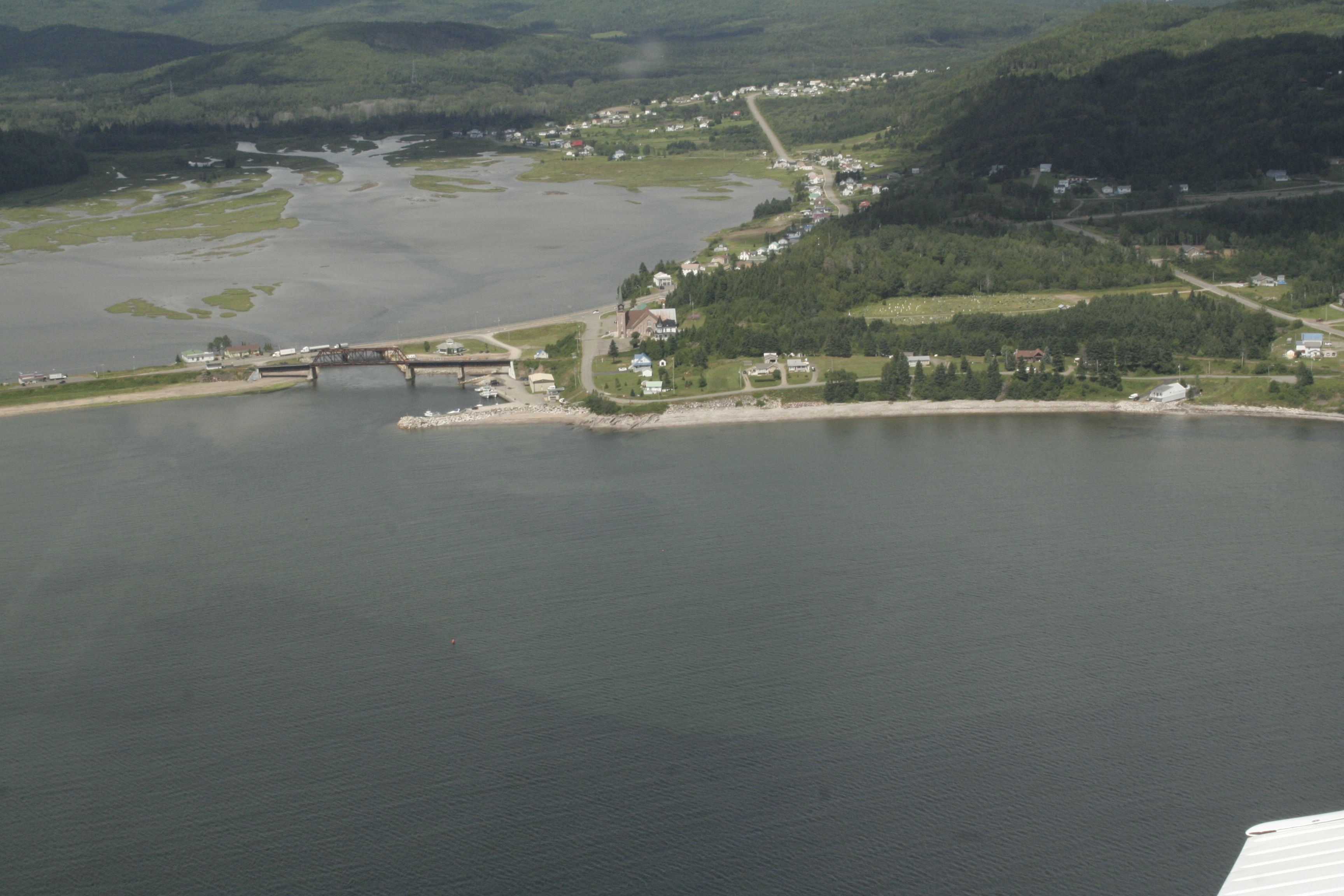 An aerial view of a lakeside town with a bridge, houses, and greenery.