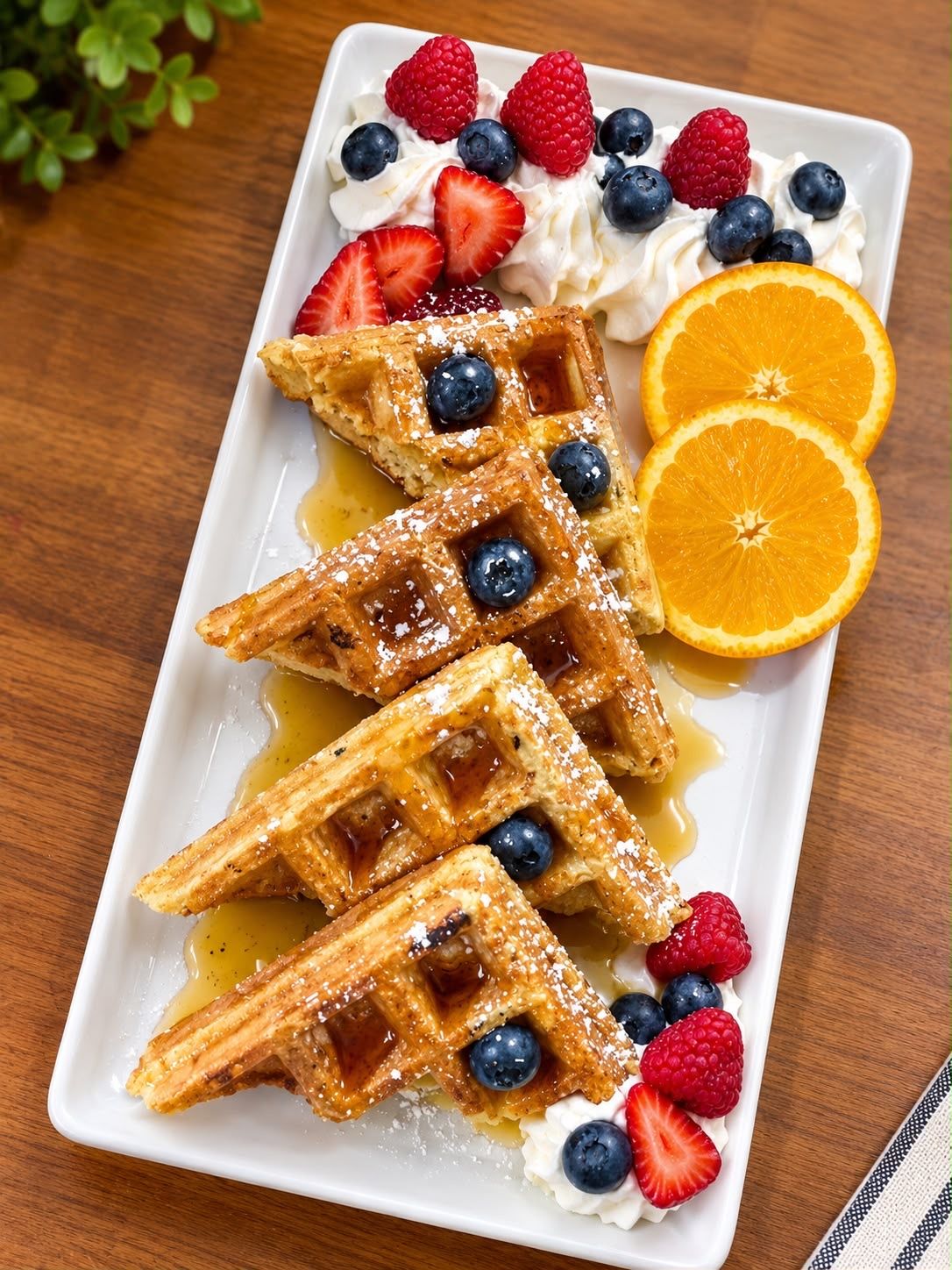 A plate of waffles with syrup, strawberries, blueberries, and orange slices.