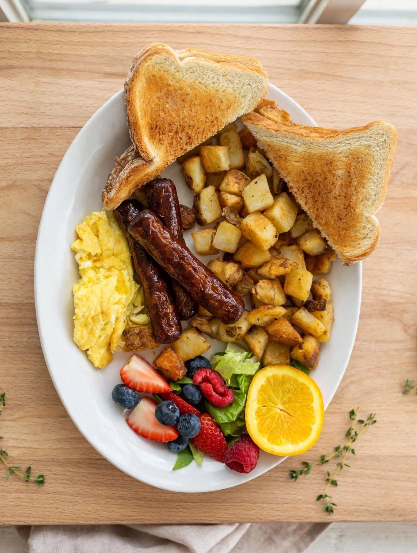 Een bord met toast, worst, aardappelen, roerei en vers fruit.