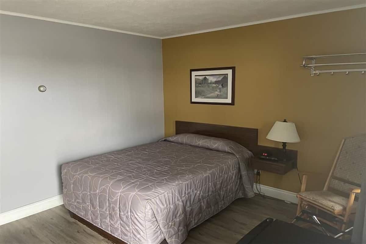 Una cama individual con cabecera, una mesita de noche con lámpara, una silla y un cuadro enmarcado en la pared.