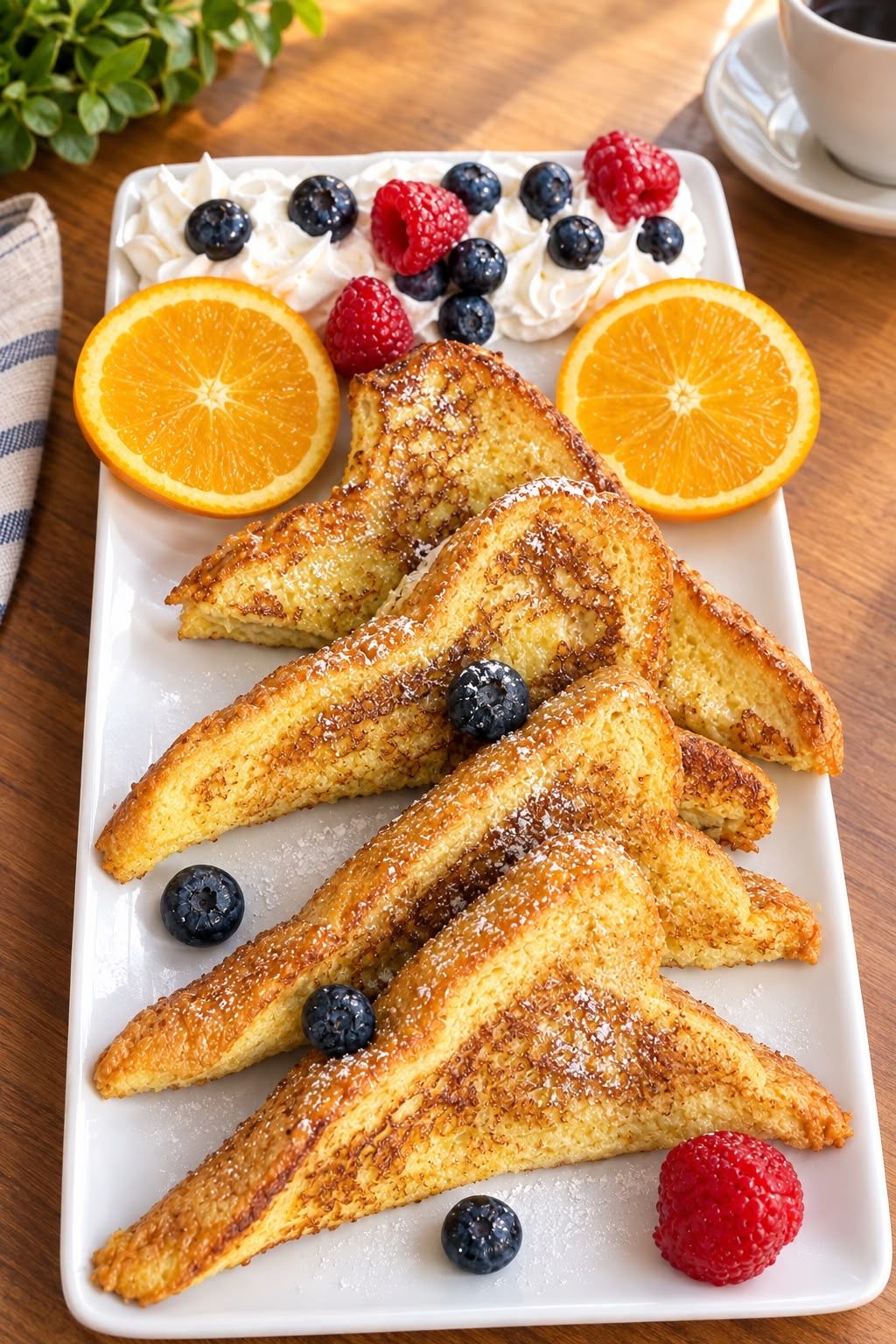 A plate of French toast with blueberries and raspberries, accompanied by a cup of coffee.
