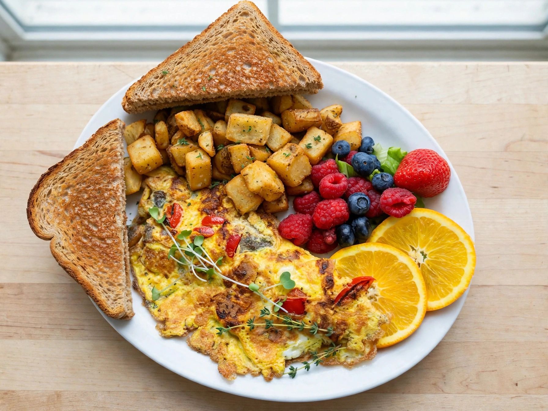 Un plato de comida con tostadas, papas, frutos rojos y una tortilla.