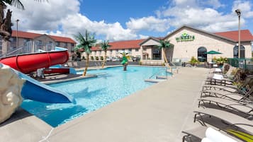 Indoor pool, seasonal outdoor pool, pool umbrellas, pool loungers