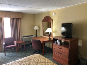 Desk, laptop workspace, blackout drapes, soundproofing