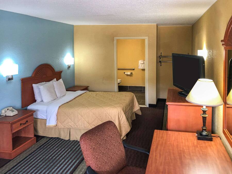 Habitación de hotel con cama, mesita de noche, lámpara, televisor y una silla.