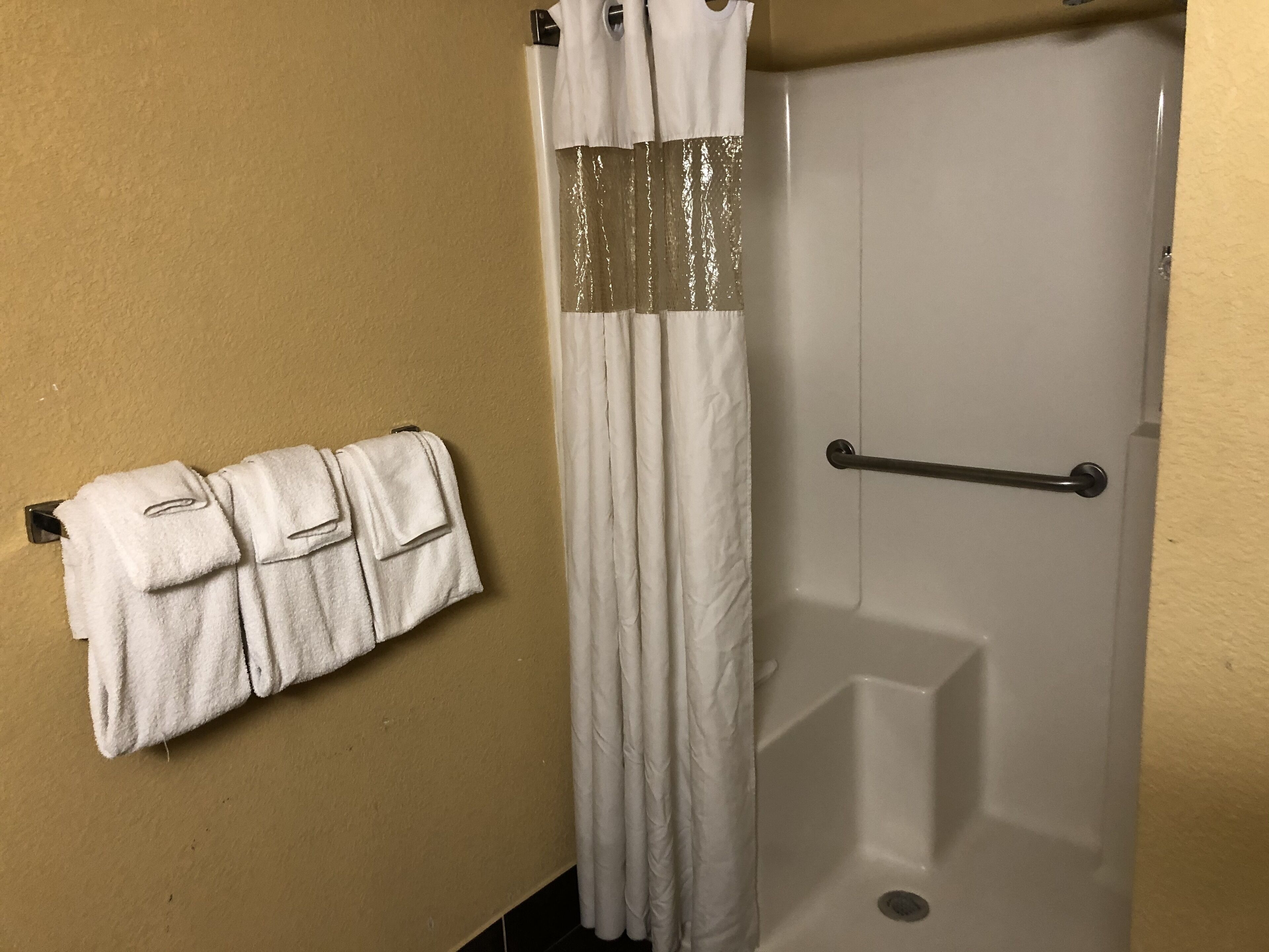 Un bagno con doccia, un portascopevoli con due asciugamani e una tenda.