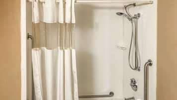 Room, 1 Double Bed, Accessible, Smoking | Bathroom | Combined shower/tub, hair dryer, towels, soap