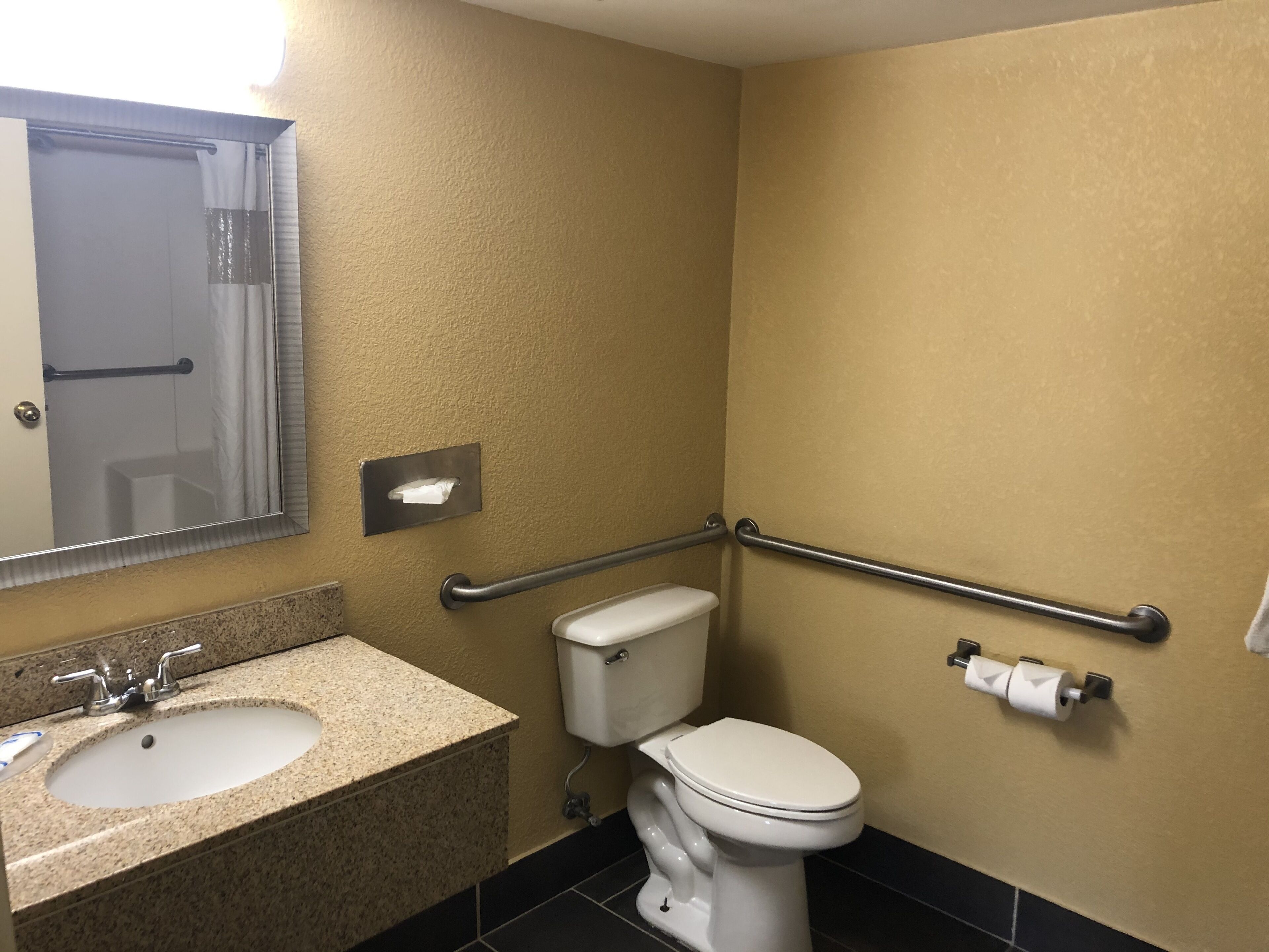 Baño con lavabo, inodoro y barras de apoyo.