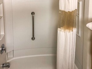 Combined shower/tub, hair dryer, towels, soap