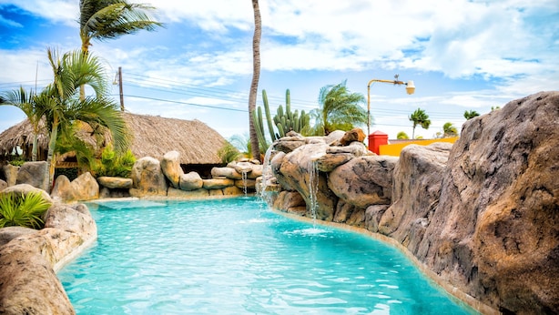 A clear blue pool with a natural rock border, surrounded by palm trees and a thatched-roof hut. - Sea Breeze Apartments (Savaneta)