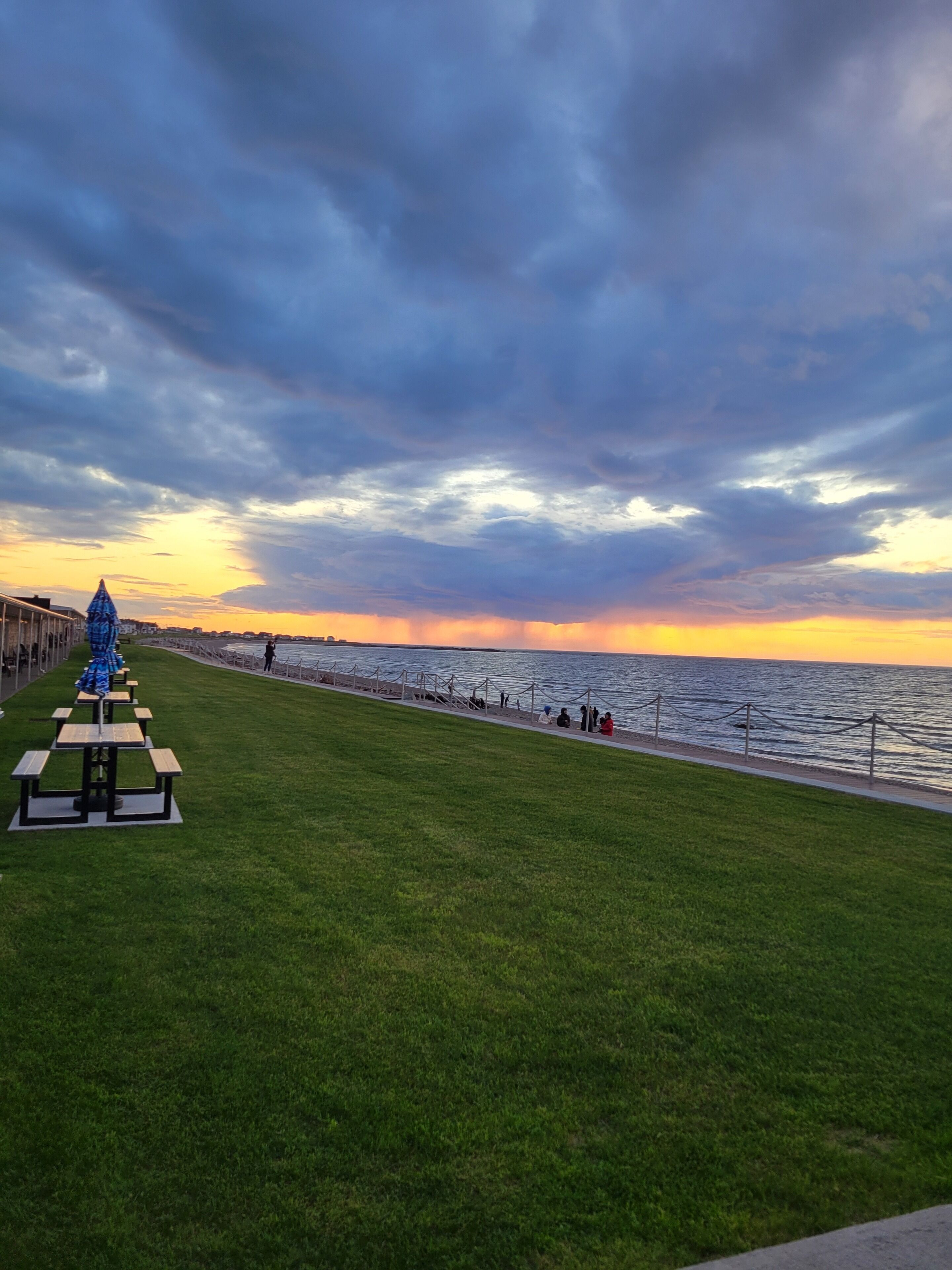A grassy promenade with picnic tables and a decorative structure, overlooking a body of water under a cloudy sky.