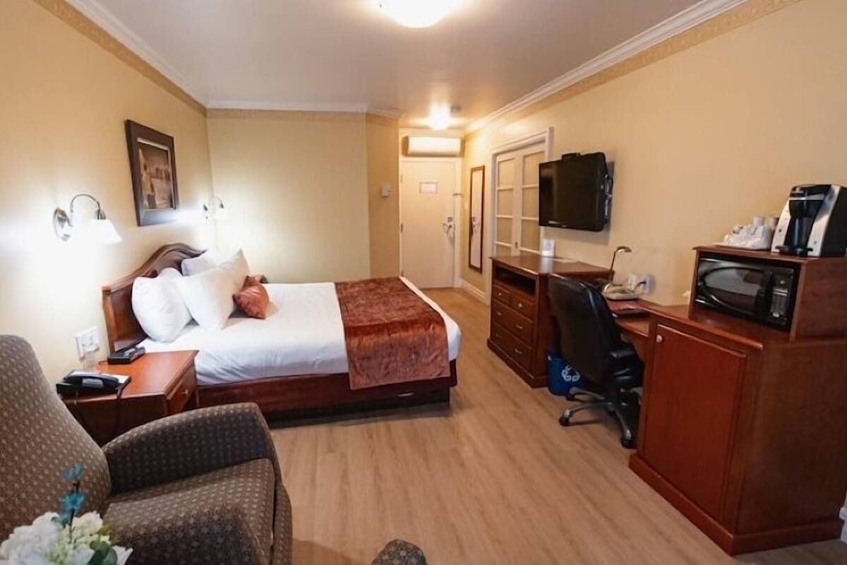 A hotel room with a bed, a desk, a chair, a television, and a dresser.