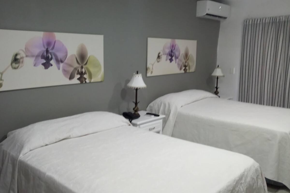 Habitació d'hotel amb dos llits, una tauleta de nit amb una làmpada i dos quadres amb flors penjats a la paret.