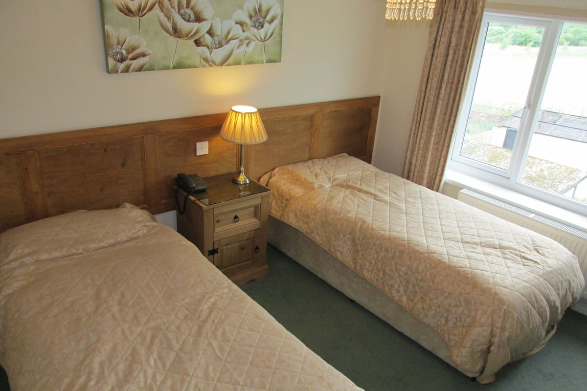 A hotel room with two beds, a nightstand with a lamp, a telephone, and a painting on the wall.