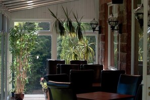 Una habitación luminosa con ventanas amplias, plantas en macetas y muebles de madera.