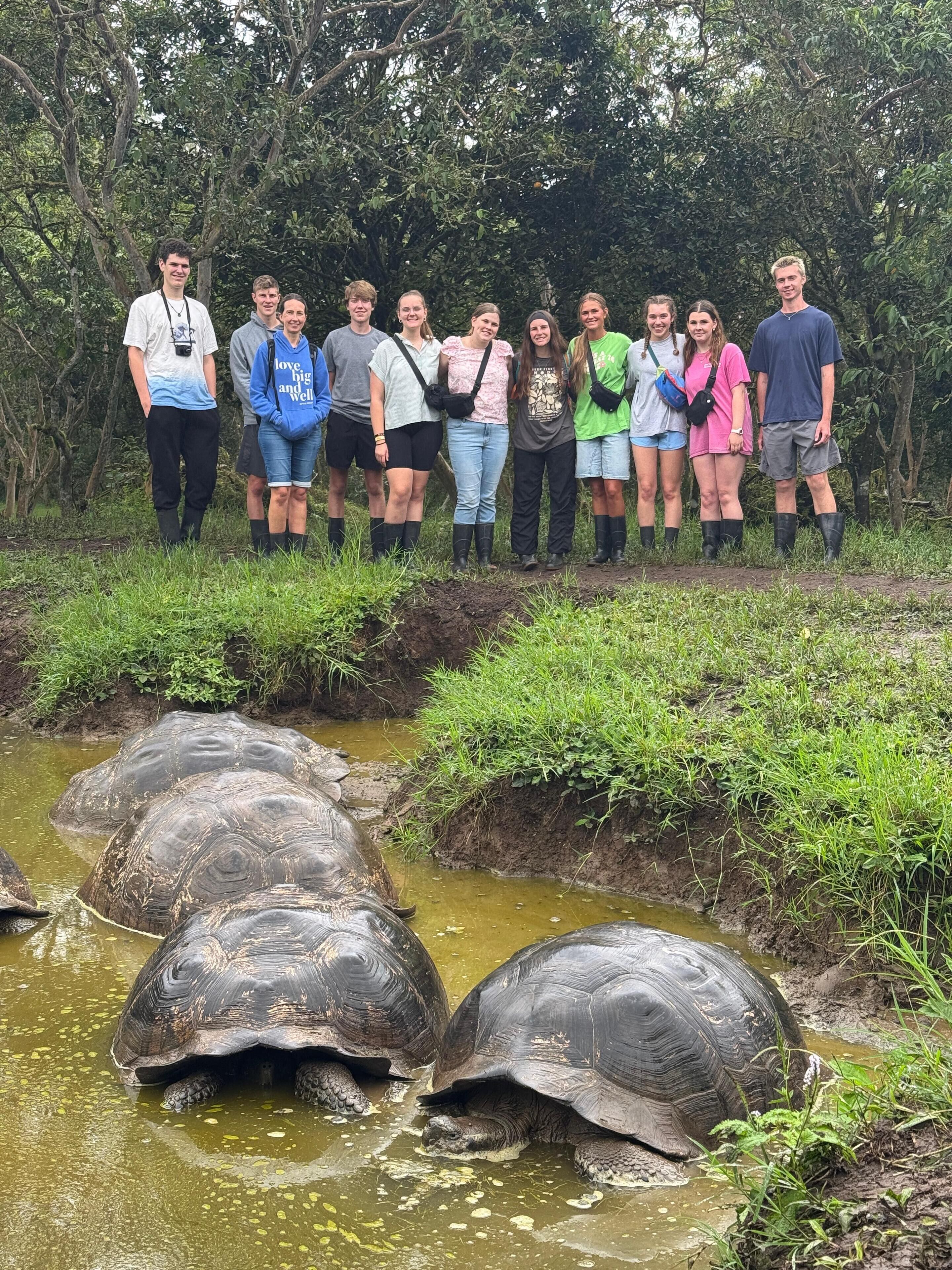 Eine Gruppe von Menschen steht in einer natürlichen Umgebung, im Vordergrund fließt ein Bach und es sind große Schildkröten zu sehen.