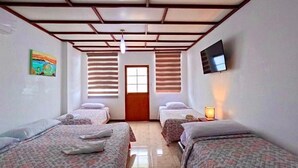 Una habitación con dos camas, un televisor y un cuadro en la pared.