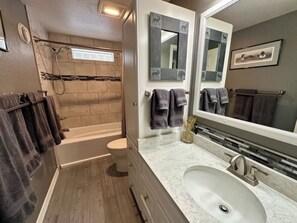 Bathroom features a bathtub, toilet, and vanity with a sink, along with a large mirror and framed artwork.