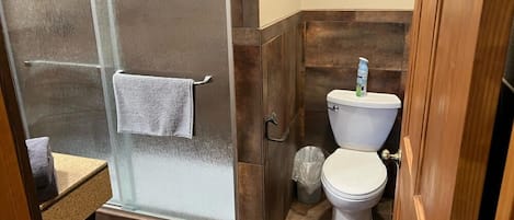 A bathroom with a glass shower enclosure, a toilet, and a sink.