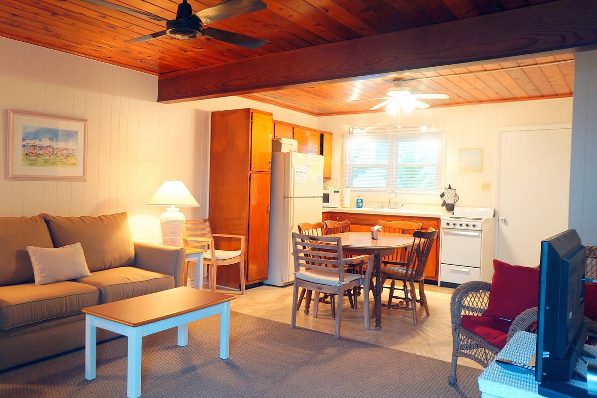 Uma sala de estar aconchegante com um sofá, uma mesa de centro e um espaço de jantar com cadeiras e uma mesa. Há uma cozinha com fogão e geladeira.