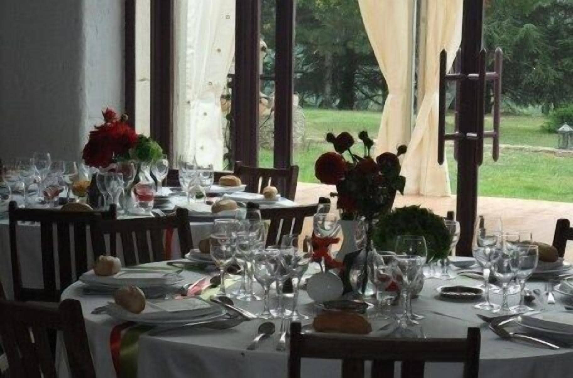 A dining table set for a meal with chairs, a vase with flowers, and a view of a garden through large windows.